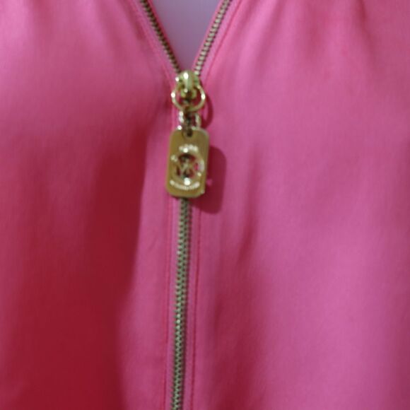 Michael Michael Kors Hot Pink Gold Zip V-Neck Blouse Relaxed Cap Sleeve Medium - Picture 5 of 10
